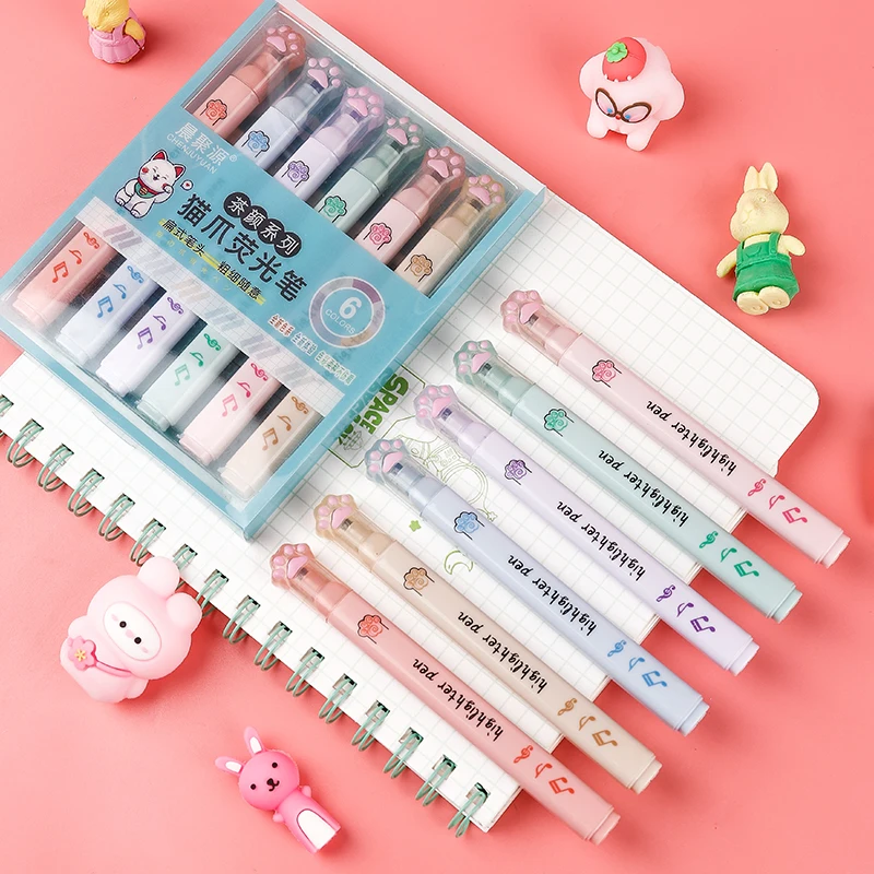 6 pcs/pack Kawaii Cat Claw Pas - Pastel Highlighter Set Double Ended 评论和价格